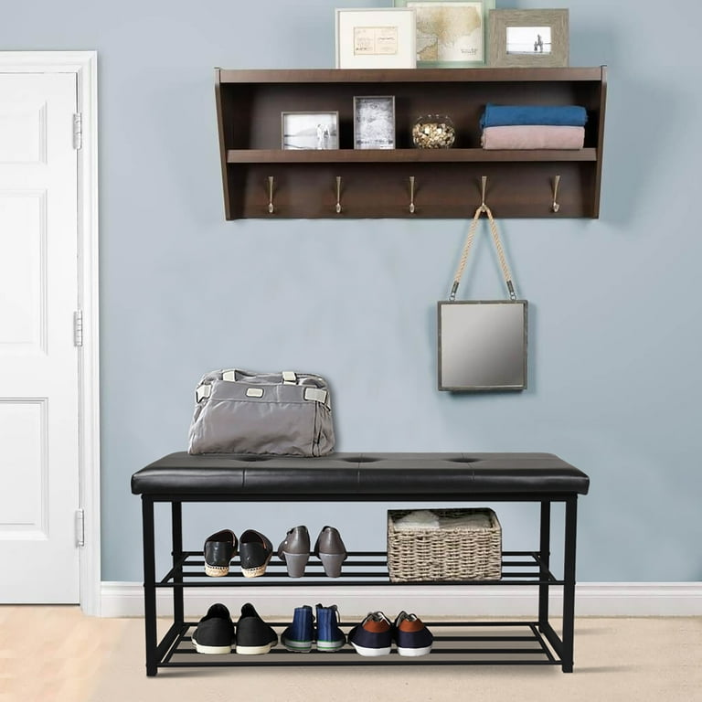 GIA Design Group 2 Tier Shoe Rack Bench with Padded Black Vegan Leather Seat Dark Gray Walmart