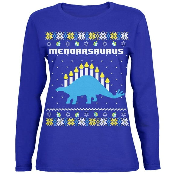 Hanukkah Ugly Sweater Menorasaurus Menorah Stegasaurus Womens Long Sleeve T Shirt