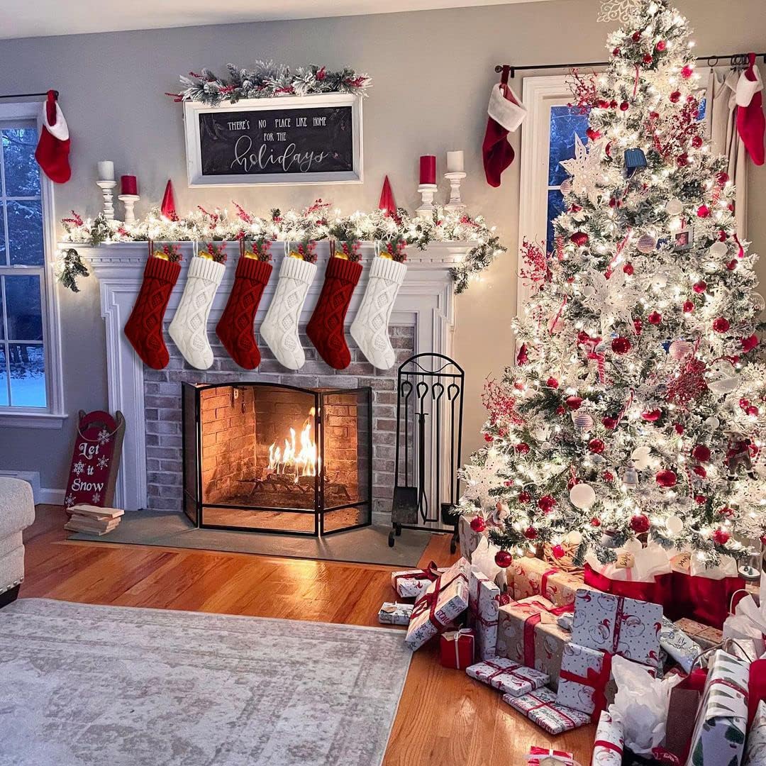 6 Pcs Christmas Stockings, 18 Inch Large Size Cable Knitted Stocking Gifts & Decorations for Family Holiday Xmas Party