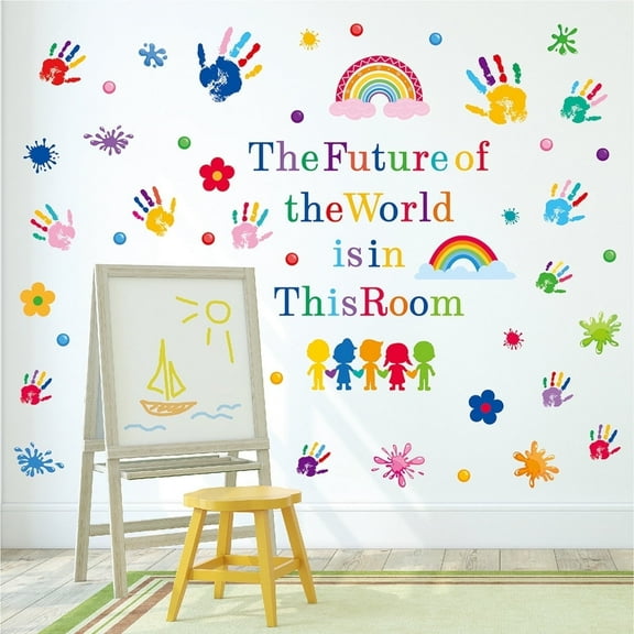 86 Pcs Colorful Handprints Splash Rainbow Decals Removable Multi-color Wall Stickers Vinyl Peel and Stick Classroom Children's room Kids Playroom Decor