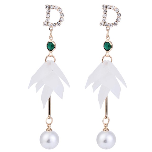 Pendientes de aleación de perlas de imitación colgantes de flores elegantes de moda para mujer con aguja de plata S925 (blanco)