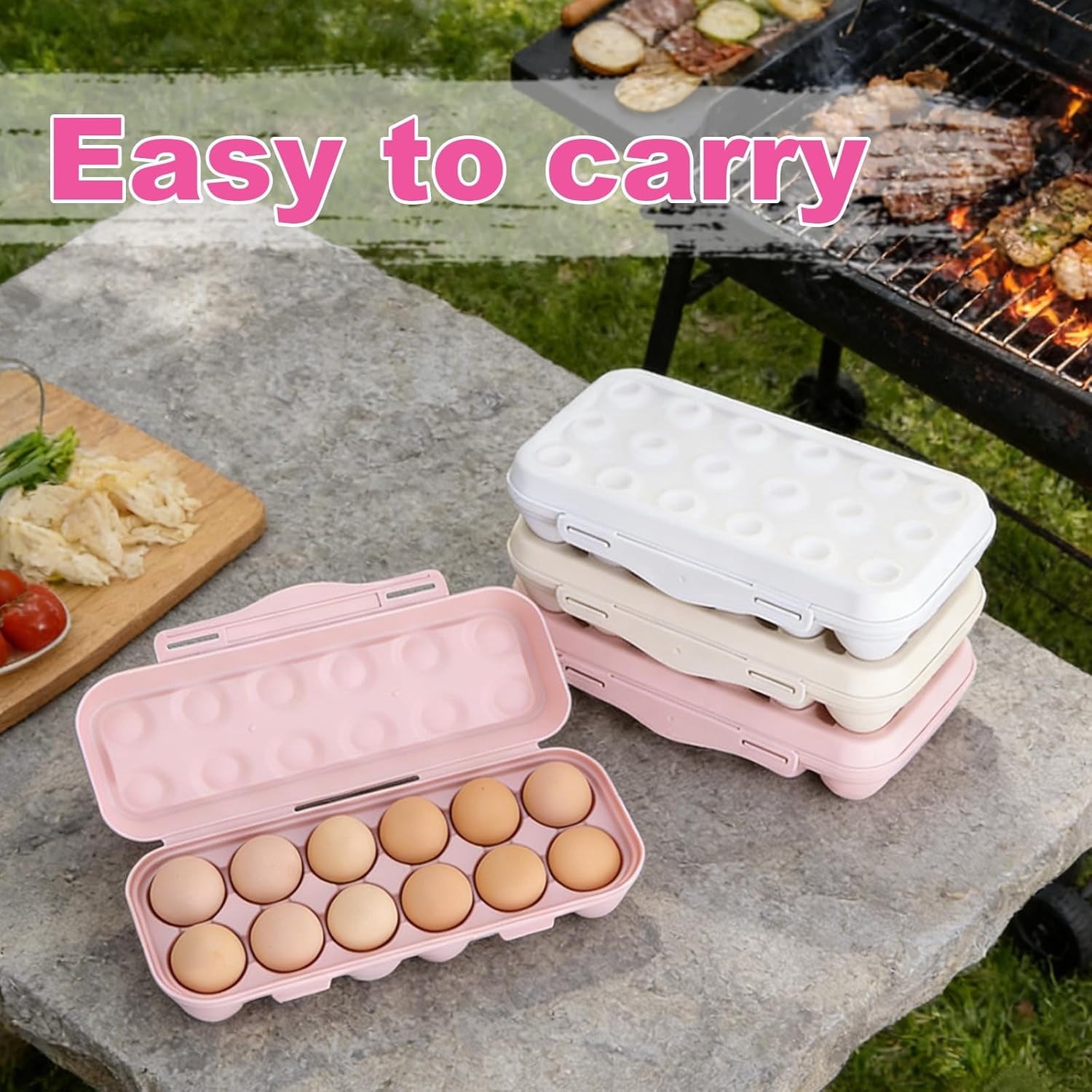 ABPETE Large Capacity Outdoor Egg Holder, Plastic Egg Fresh Carrier Egg Storage Container Organizer Box for Fridge, Stackable Egg Holder for Refrigerator Picnic Hiking Travel, 12 Eggs Tray Pink