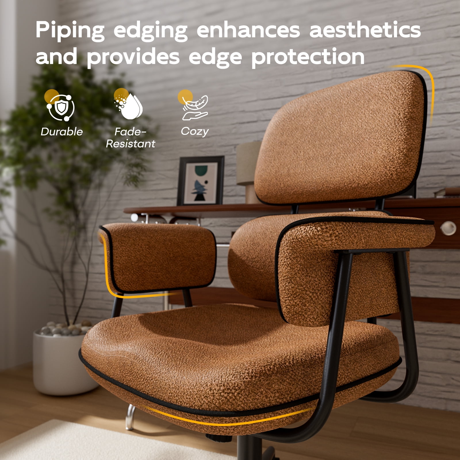 Genpo Desk Chair with Wheels and Arms, Brown Linen Fabric Executive Office Chair with Memory Foam Wide Seat, Padded Arms, Lumbar Support and Adjustable Height