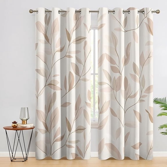 Vintage Leaf Blackout Curtains, Tan Beige Leaves Window Curtains & Bedroom Decor Farmhouse Botanical Curtains for Living Room, Thermal Grommet Drapes 26"W x 54"L (Pack of 2)
