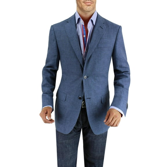 DTI BB Signature Men's Two Button Linen Blazer Modern Fit Jacket Blue Check