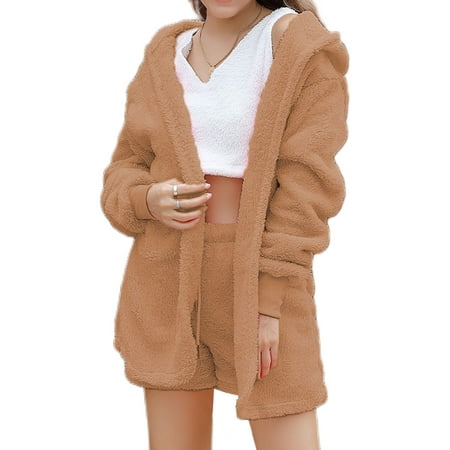 

Colisha Women s Warm Fuzzy 3 Piece Outfit Pajamas Sherpa Hooded Cardigan Outwear Sleeveless Crop Tops Shorts Nightwear Set Khaki S
