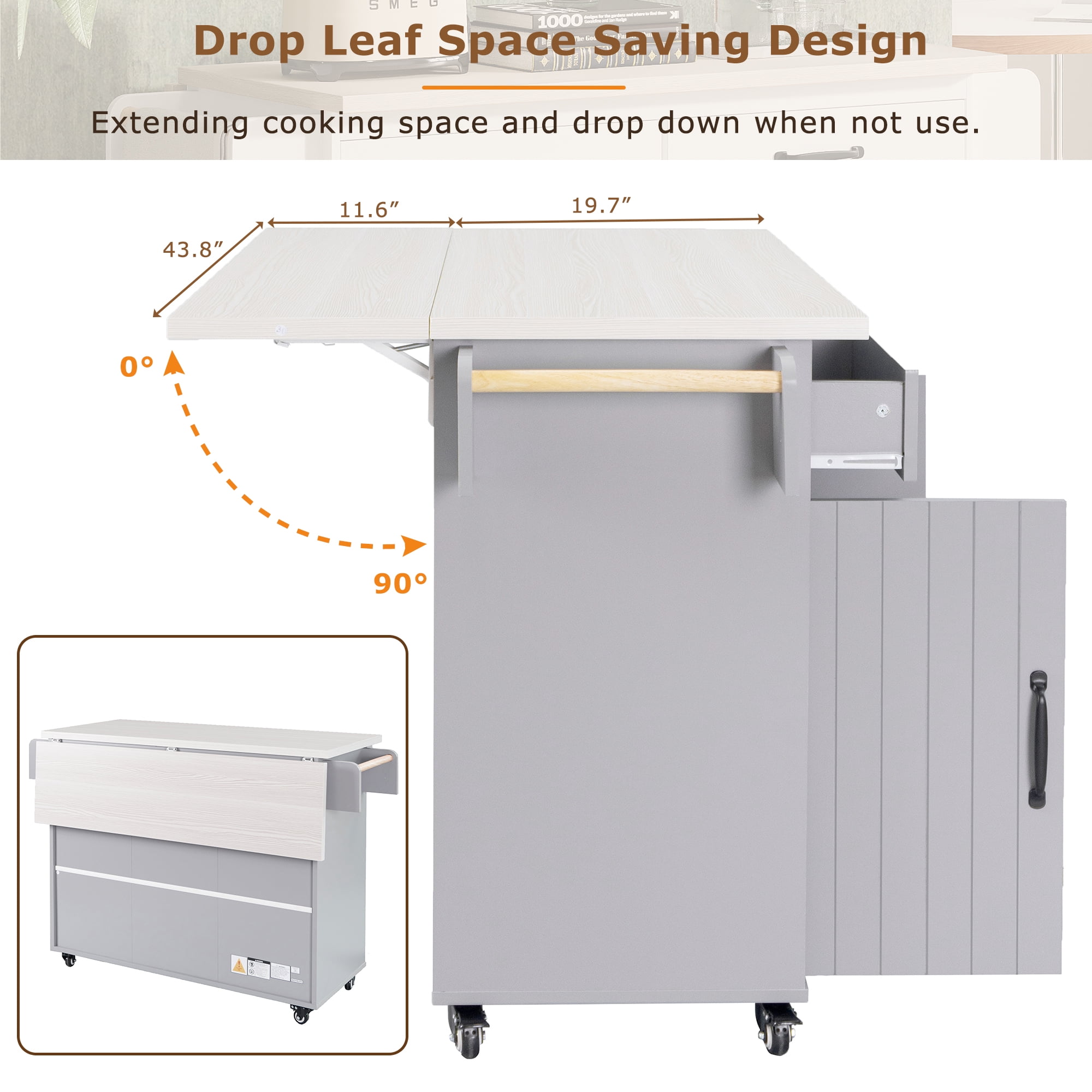 Aukfa Rolling Kitchen Island Table on Wheels with Drop Leaf & Trash Can, Storage Cabinet, Gray