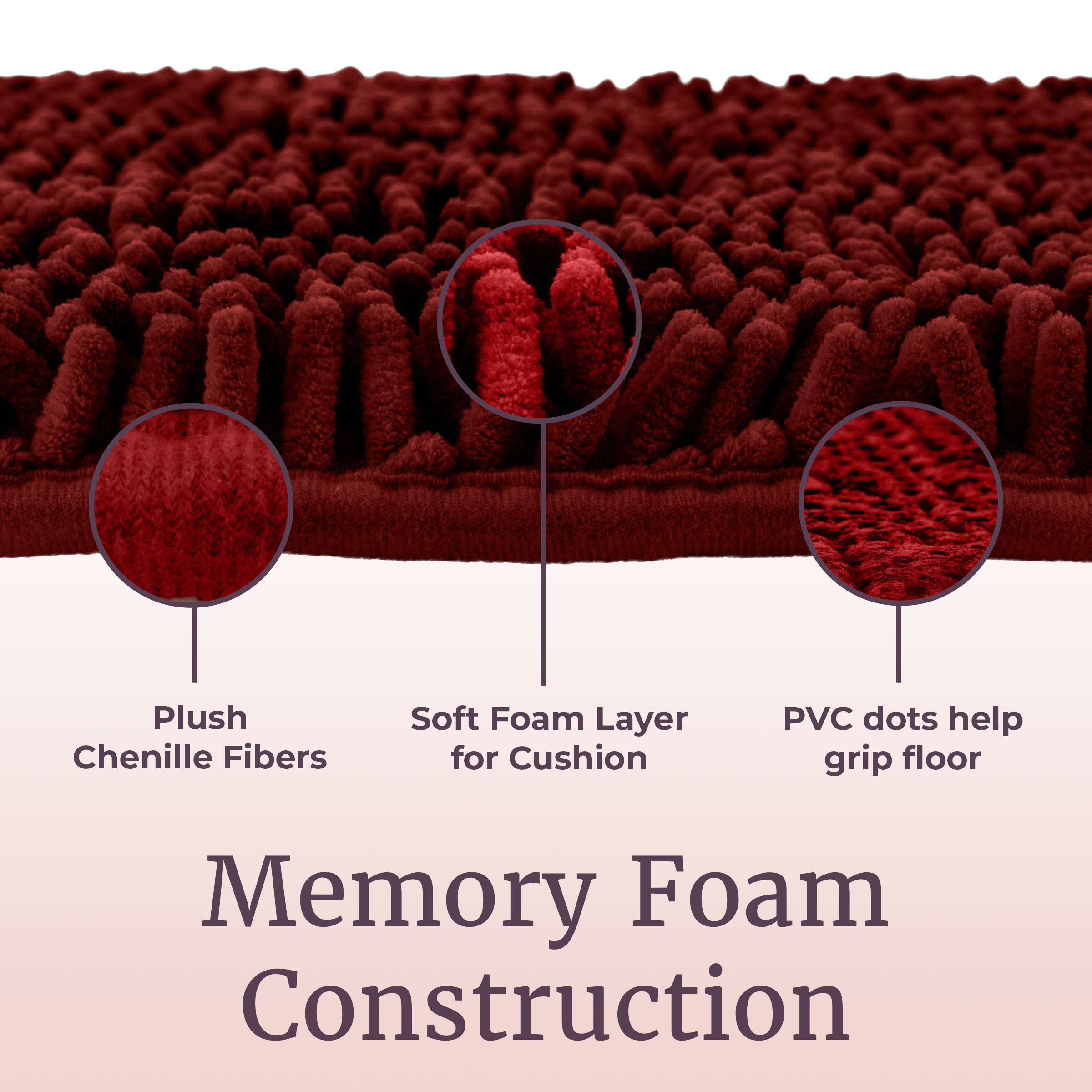 Lavish Home 58x24 Memory Foam Bath Mat with Plush Chenille Shag (Burgundy)