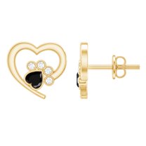 Rosec Jewels 1/4 CT Bezel Set Heart Shape Black Spinel Paw Stud Earrings with Moissanite, 10K Yellow Gold