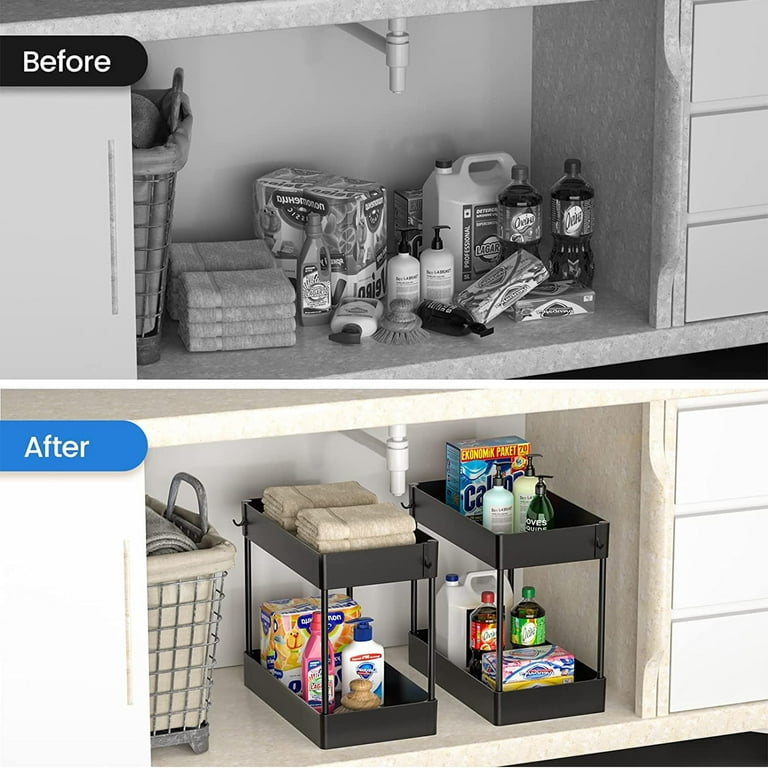 2 Pack Under Sink Organizers and Storage with Sliding Drawer 2 Tier Bathroom Under Sink Shelf Rack W Hanging Cups Multipurpose Kitchen Under Cabinet