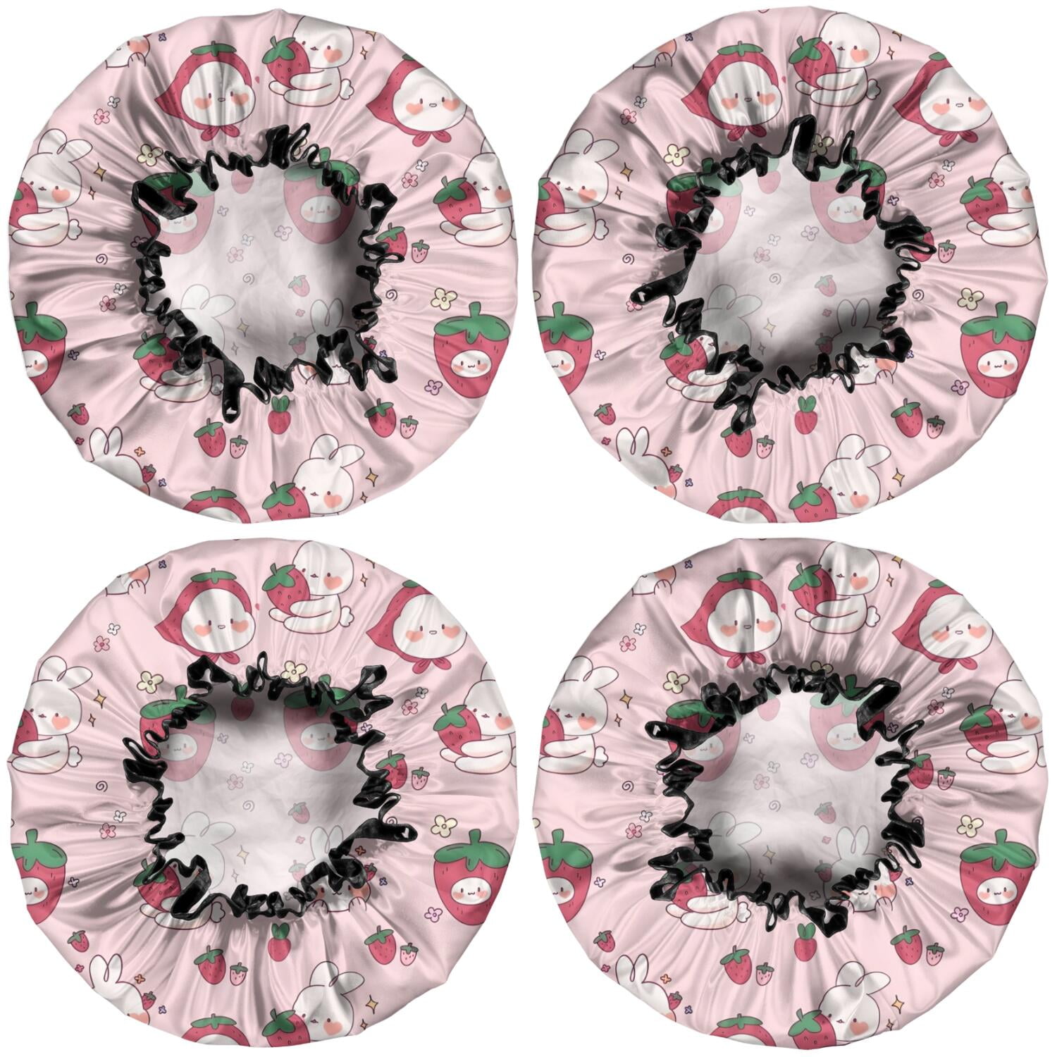 Shower Caps,Red Strawberry Plants Fruit Rabbit Pink Pattern Waterproof Shower Cap for Women 4 Pieces,Double Reusable Hair Cover for Shower PEVA Elastic Stretch Hem