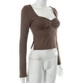 thumbnail image 3 of Lenpel Women's Crop Tops Long Sleeve Square Neck Ruched Side Split Slim T-Shirts Cropped Tee Blouses Going out Tops(Brown,Large), 3 of 5