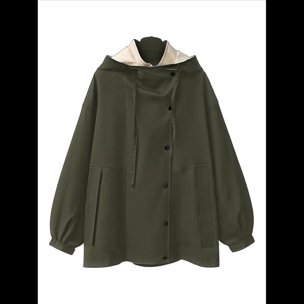 Gabardina con Capucha para Mujer, Chaqueta con Solapa y Botones, Cortavientos de Longitud Media con Bloques de Color Verde M
