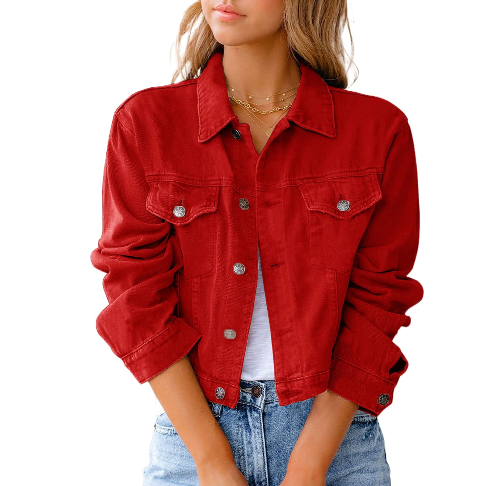 womens red denim jean jacket