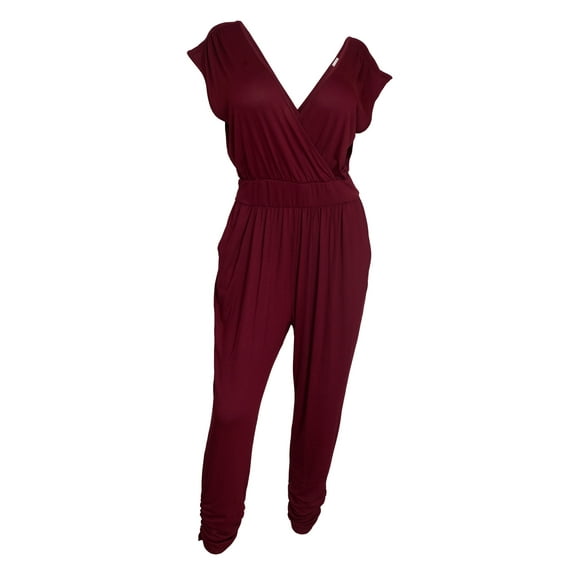 eVogues Plus Size Deep V-Neck Jumpsuit Burgundy