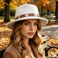 thumbnail image 2 of XIAOCHA Womens Metal‑Concho Fedora Hat Solid Wide‑Brim Hat Western Cowbaby Festival Hat,White, 2 of 4