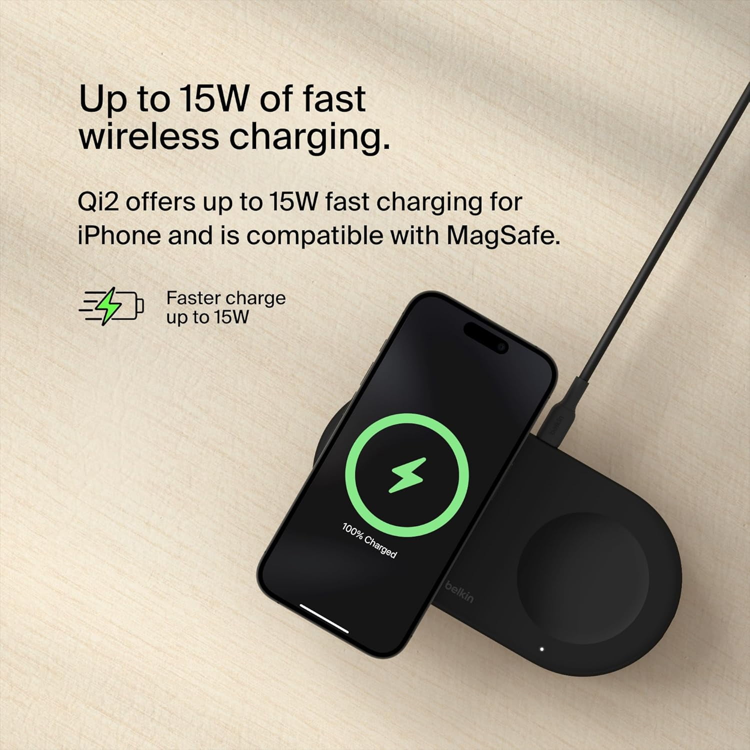 Belkin 2-in-1 Wireless Charging Pad w/ Qi2 15W + Additional USB-C Port - MagSafe-Compatible iPhone Charger, Charging Station for iPhone 16, iPhone 15, & iPhone 14 Series, AirPods, and More - Black