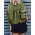 thumbnail image 3 of Women'S Cropped Denim Shirt Roll Up 3/4 Sleeve Casual Loose Drawstring Hem Button Front Jean Jacket Olive Color S, 3 of 7