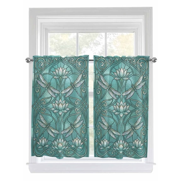 Teal Dragonfly Bathroom Window Curtain, Vintage Geometric Glass Animal Flower Light Filtering Coffee Kitchen Curtains, Bedroom Living Room Curtains 2 Panel 84"x54"