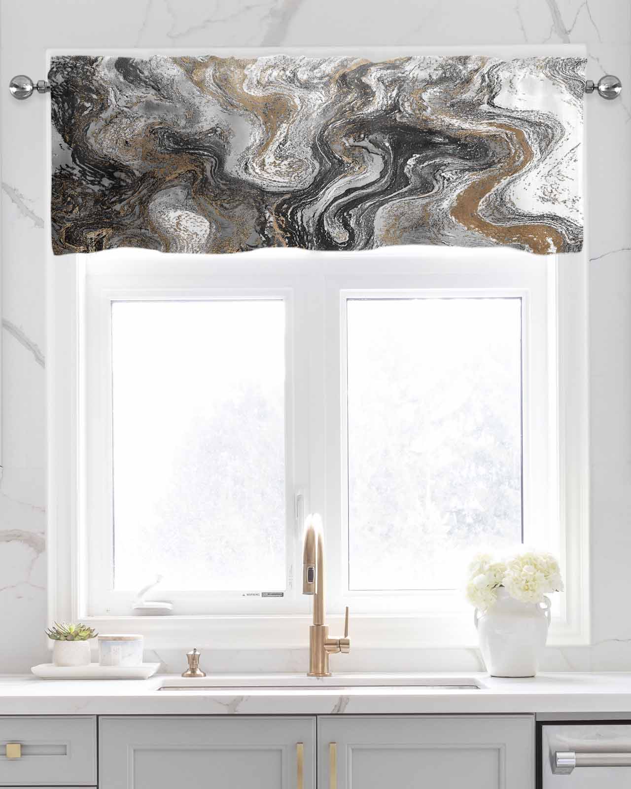 Black Marble Kitchen Valances for Windows Farmhouse Linen Window Valance Curtain for Living Room Window Treatment Retro Chic Abstract Mottled Texture Art Valance Rod Pocket Topper Drape, 42 x 18 Inch