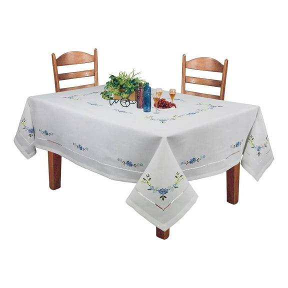 Hemstitched Embroidered Flower Tablecloth 70x140 Rectangular Table Cover White Blue Multi Color 140" x 70" (Rectangular)