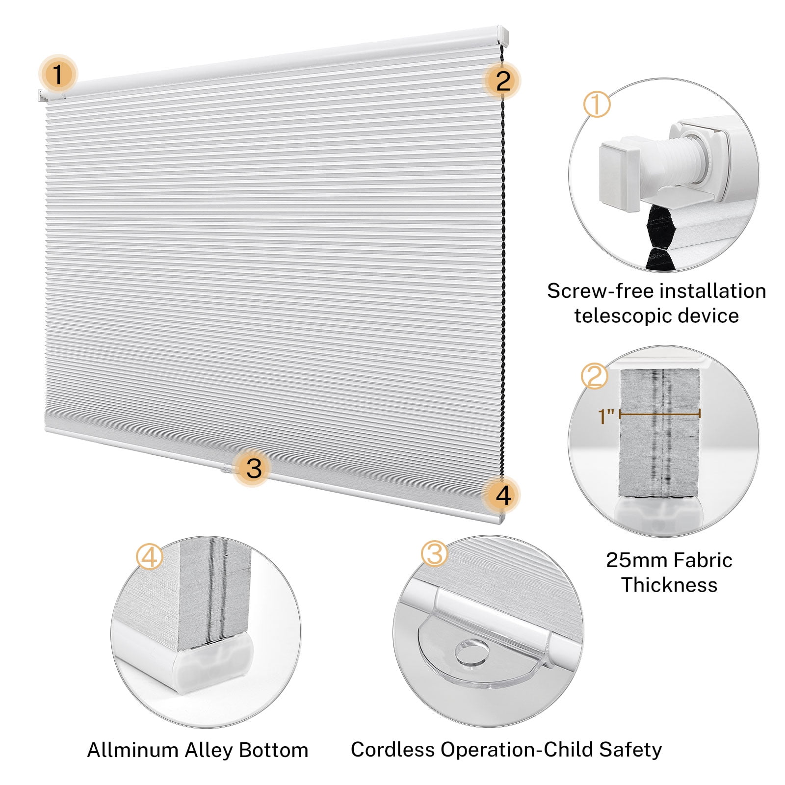 Keego No Drill Cordless Blind for Windows Blackout Cellular Window Shades No Tool Honeycomb Blinds Shades for Home, Easy To Install, White, 47.75"W x 48"H