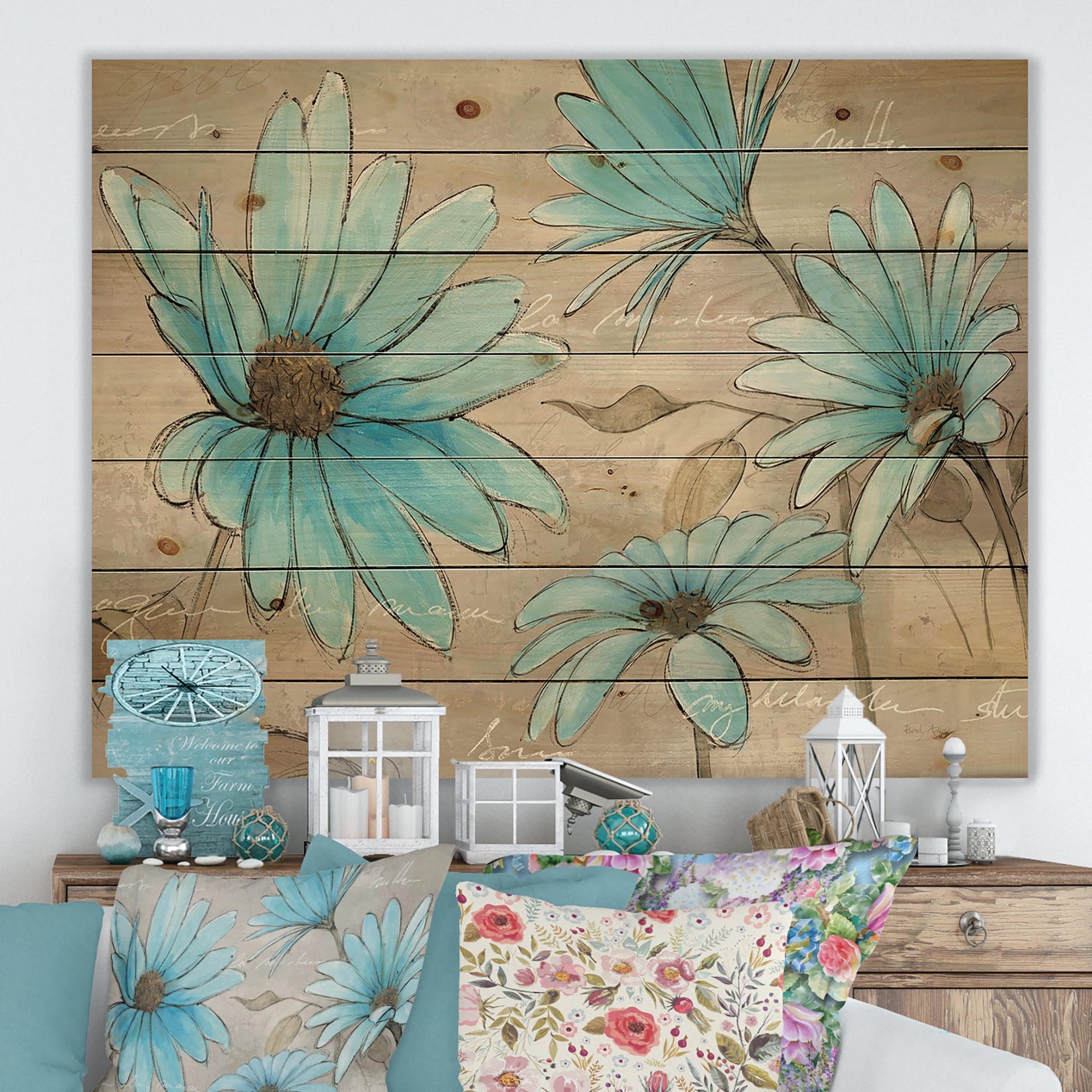Designart 'Leucanthemum Indigo Cottage Flower' Traditional Print on Natural Pine Wood