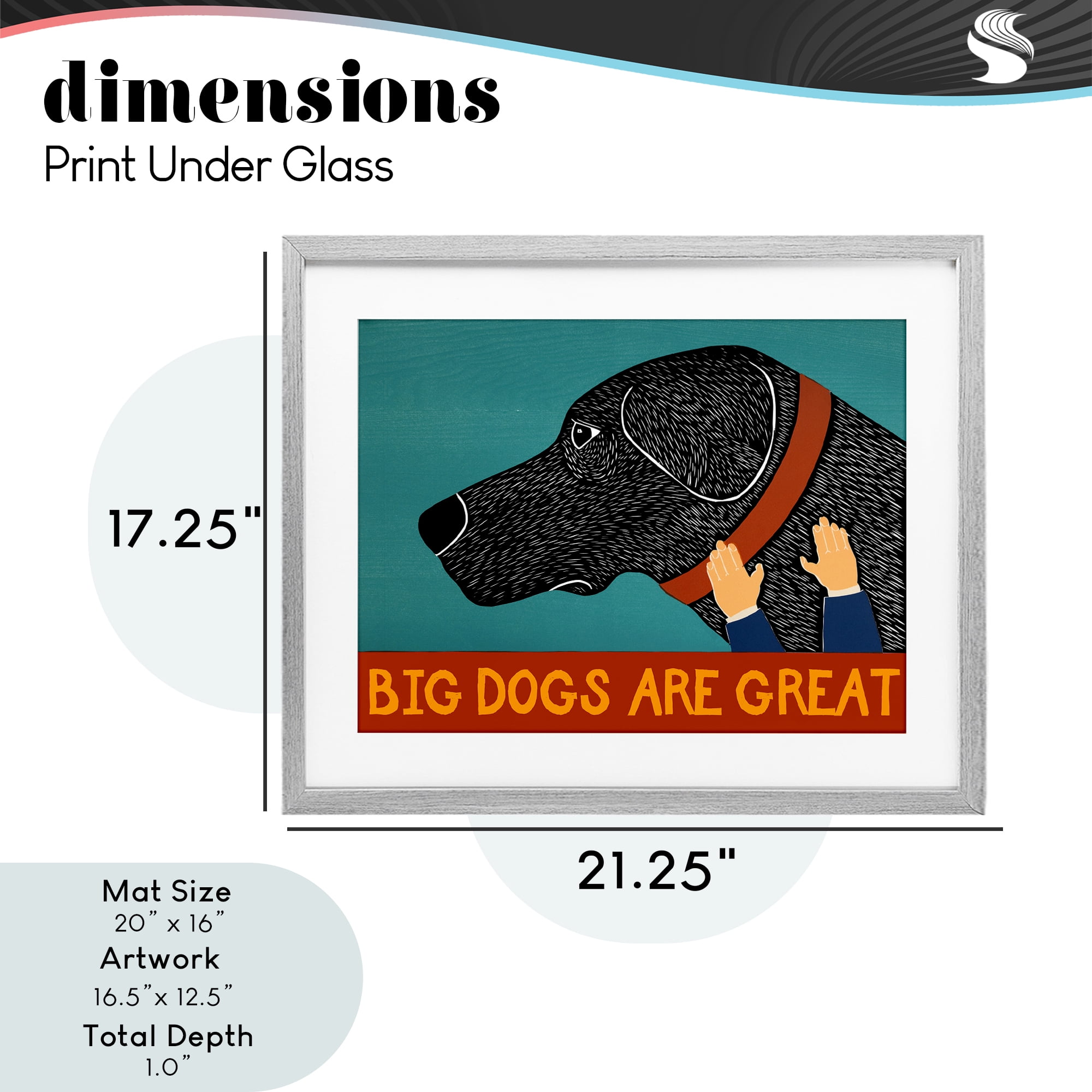 Big Dogs Are Great Gray Framed Print Under Glass, design by Stephen Huneck