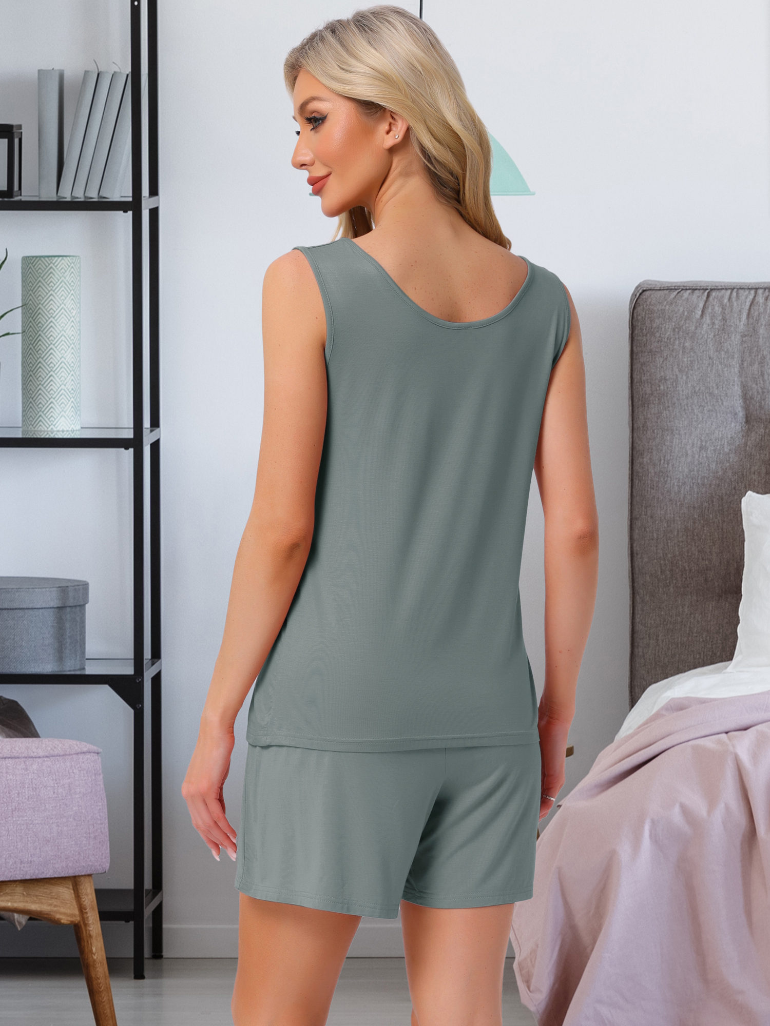 DARING DIVA Cotton Loungewear Tank Shorts Casual 2 Pieces Pajamas Set M Green
