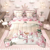 Manfei Cute Cartoon Snowman Twin Bedding Sets for Kids Girls, Chic Pink Rose Flower Bedding Comforter Set, Merry Christmas Gifts Sheet Sets, Ultra Soft Home Decor Reversible 7 Pieces