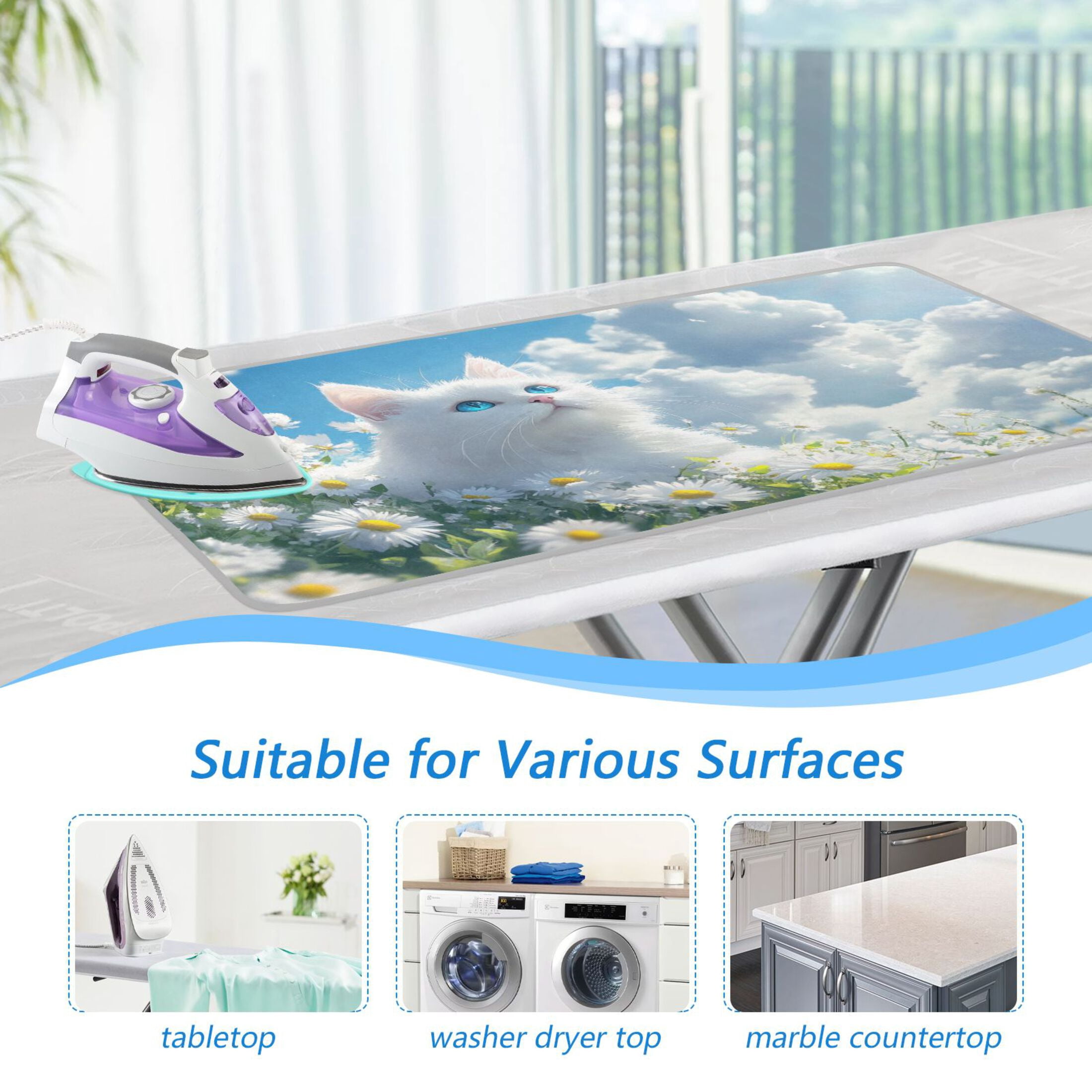 White Cat on Daisies Field Clouds Ironing Mat Blanket Portable Travel Ironing Pad Heat Resistant Pad 47.2" x 27.6”