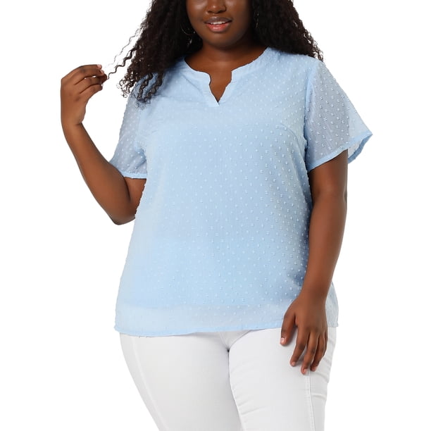 Women's Plus Size Blouses Pin Dots Round Neck Cute Basic Top Blue 1X