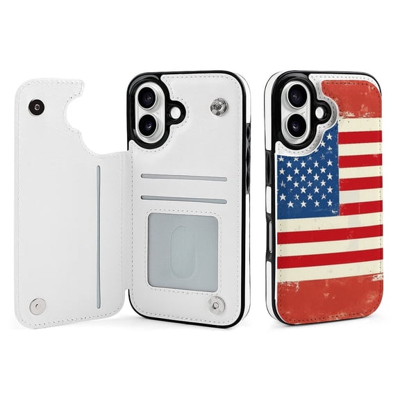 Compatible with iPhone 11 12 13 mini 14 15 16 Pro Max Plus Wallet Case with Card Holder, PU Leather Kickstand Card Slots Case ( American Flag, iPhone 16)