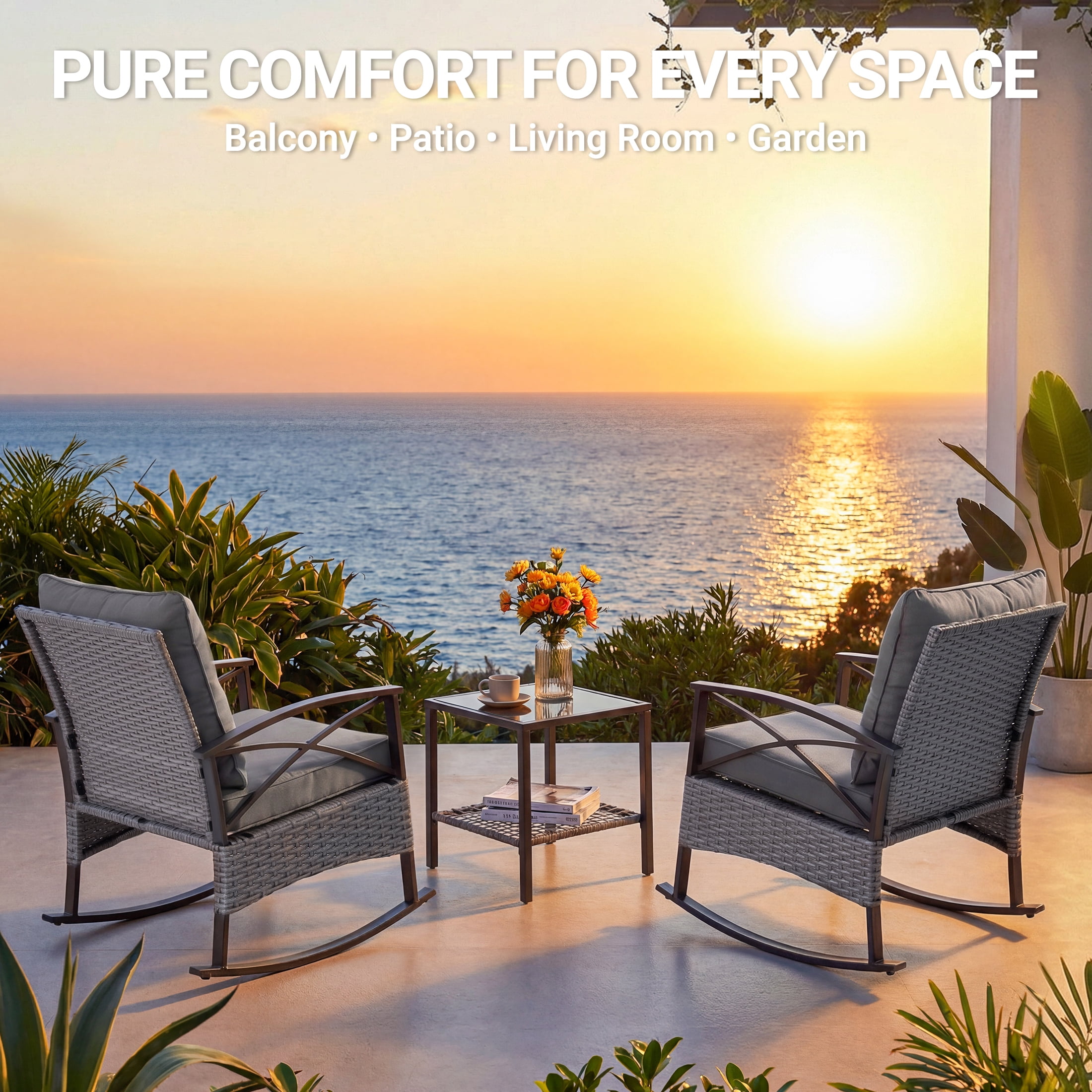 Patio Outdoor Furniture Set, 3PCS Rattan Wicker Rocking Chair Set Balcony Furniture, Steel Frame Patio Chairs with 2-Tier Coffee Table, Thick Seat Cushions and Pillows