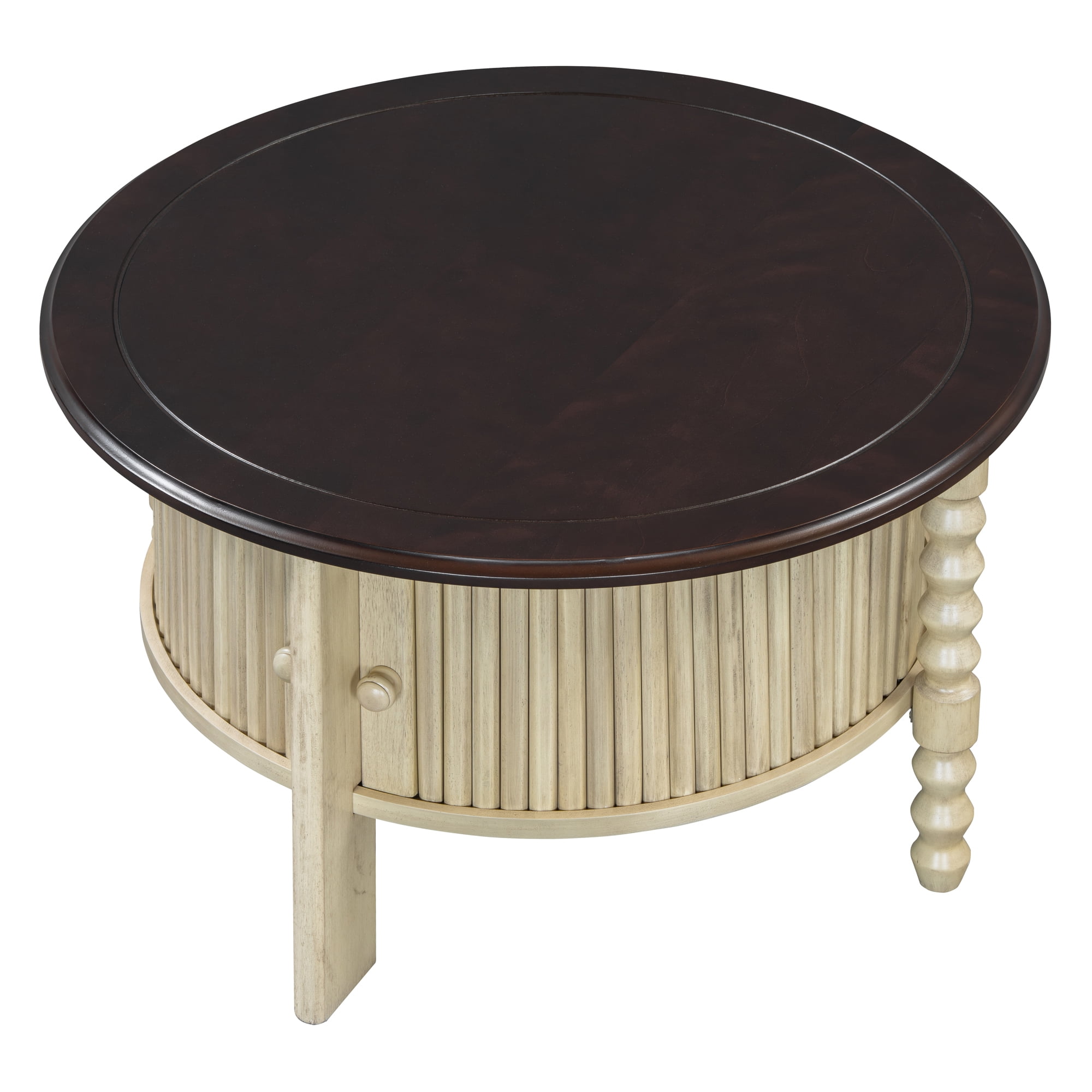 Vintage Round Coffee Table with Sliding Door, Antique Accent Table for Small Space Bedroom Living Room