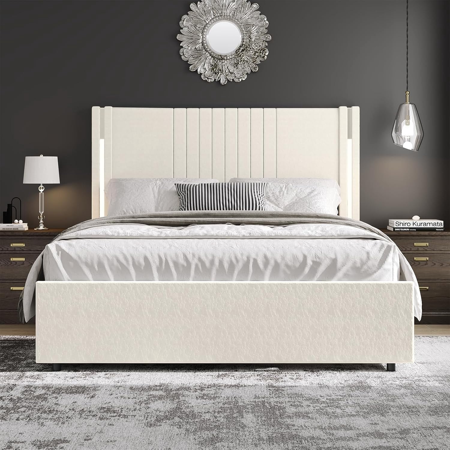 Queen Size Beige Velvet Upholstered Platform Bed Frame with Channel Tufted Wingback Headboard, Wooden Slats, No Box Spring Needed