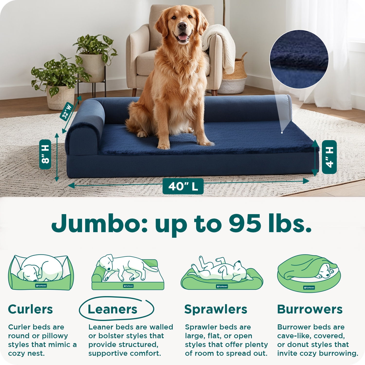 FurHaven Pet Products Plush & Velvet Deluxe Chaise Lounge Orthopedic Sofa-Style Pet Bed for Dogs & Cats - Deep Sapphire, Jumbo
