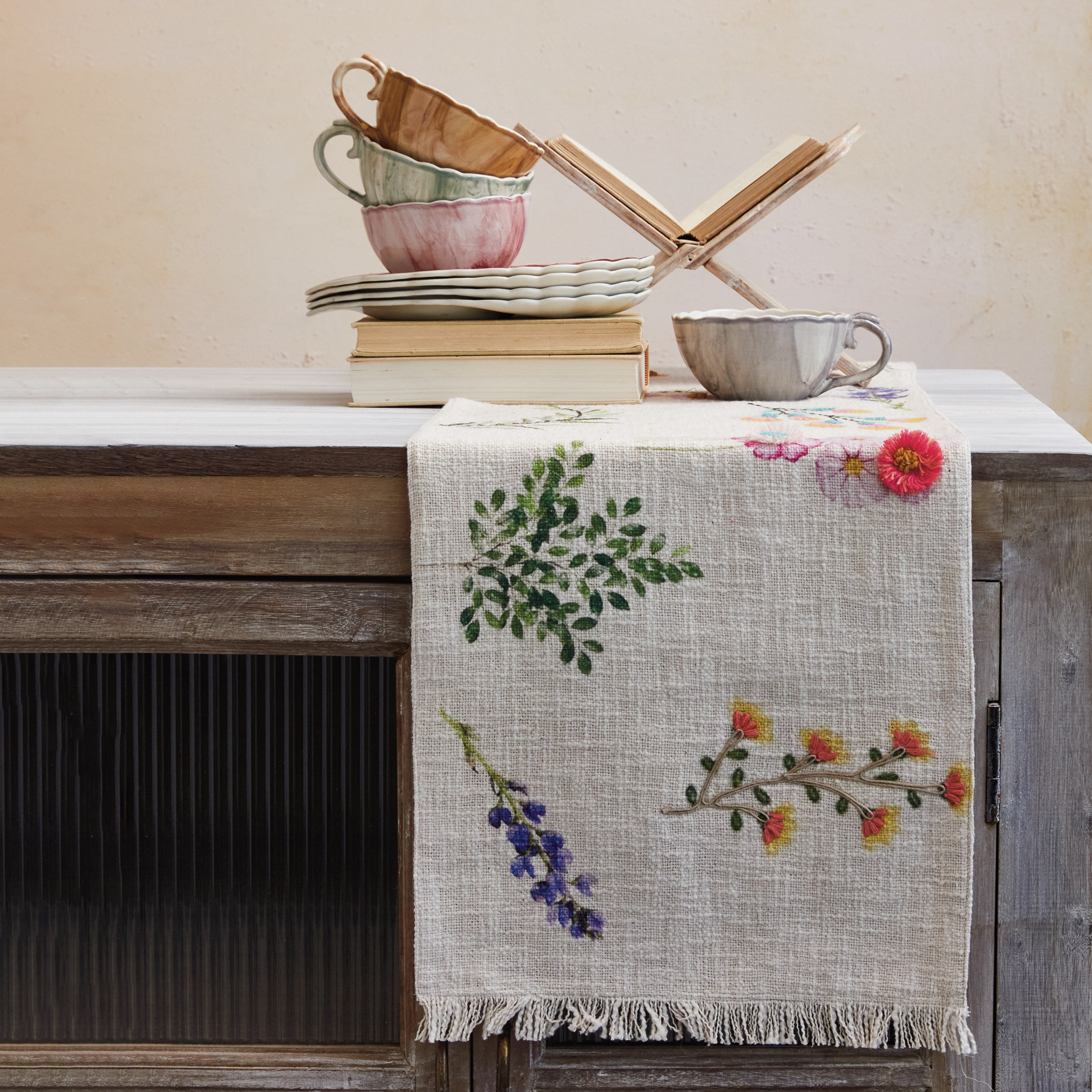 Bloomingville Long Slub Printed Rectangle Table Runner with Flowers, Embroidery and Fringe, Multicolor
