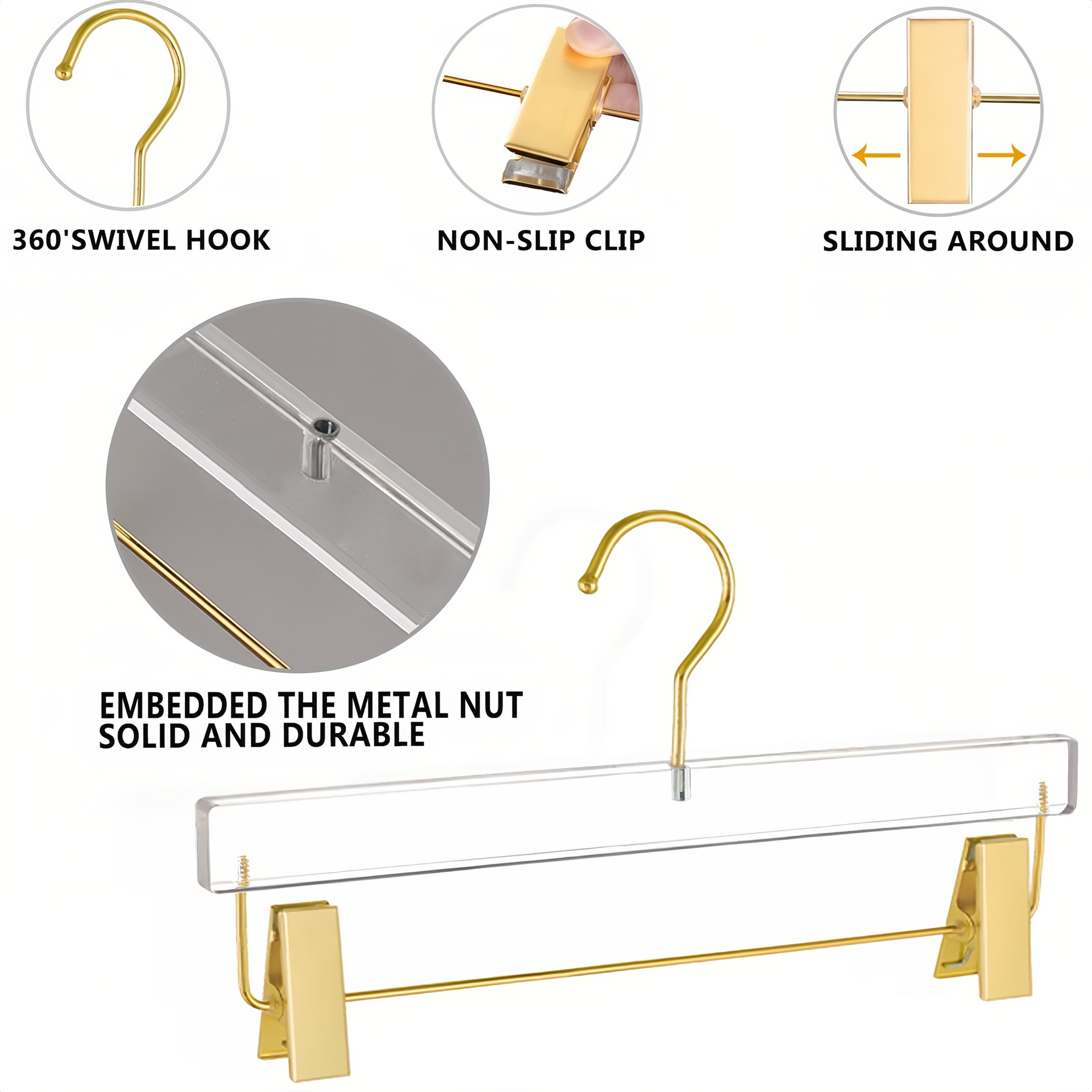 Gamvdout 10 Pcs Gold Acrylic Hangers Clear Hangers with Gold Hooks Luxurious Skirt Pants Hangers Gold Clips for Clothing Closet Storage