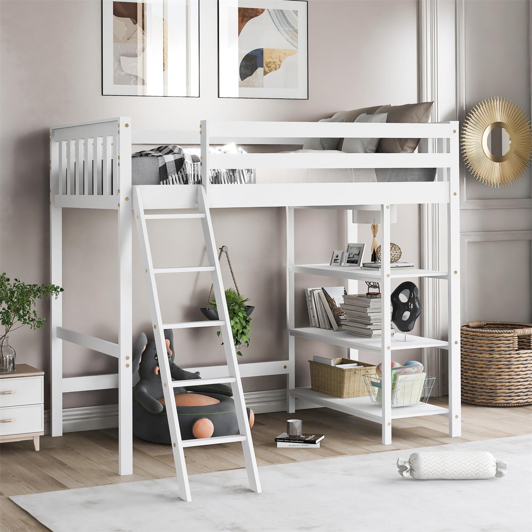 Arcticscorpion Wood Twin Loft Bed with Storage Shelves for Kids Bedroom