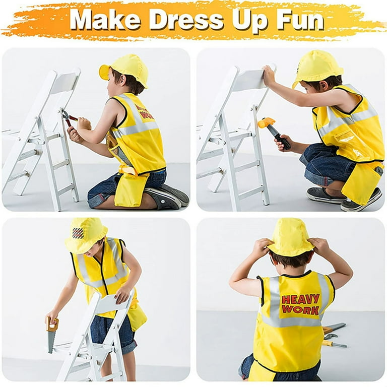 Xtinmee Kids Construction Vest Children Construction Worker Costume High Visibility Safety Vest Dress Up For Aged 3-8(Yellow,2 Pcs