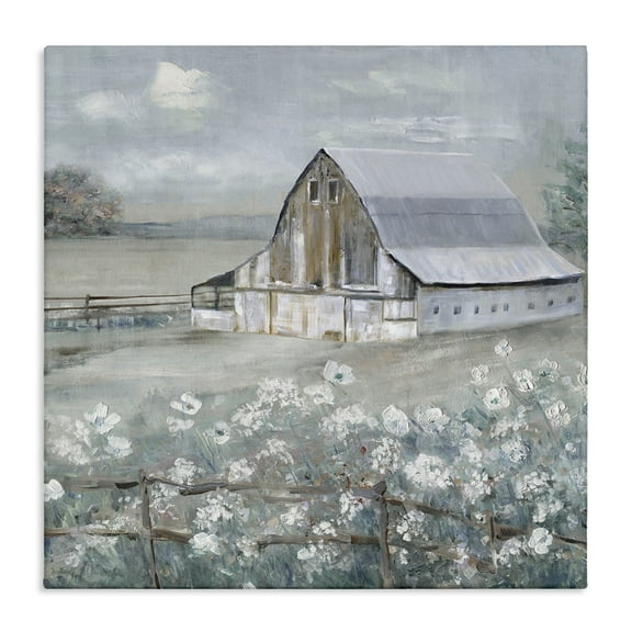 Stupell Industries Blooming Farmhouse Meadow Landscape & Nature Painting Wrapped Canvas Art Print Wall Art, 17 x 17