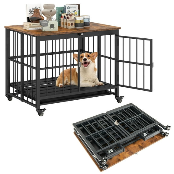 Gymax Foldable Dog Crate Furniture w/Removable Tray Lockable Door Lockable Wheels