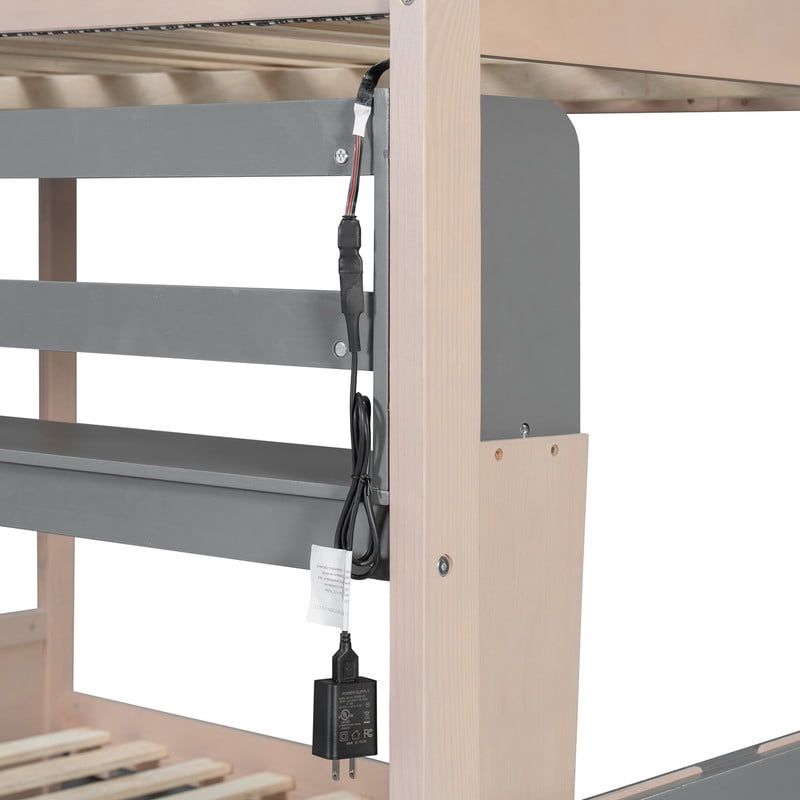 Full Size Castle-Designed Kids's Bunk Bed with Built-in Ladder & LED Strip, Storage Wooden Bed Frame with 2 Drawers & Shelves