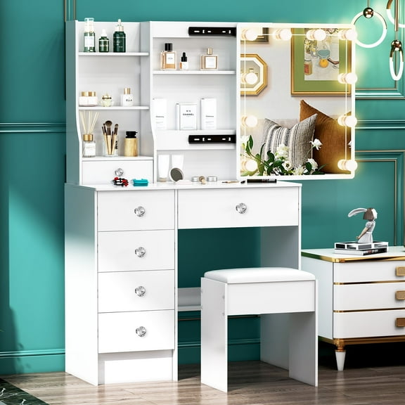 Teousev Modern Vanity Table with Sliding Mirror, 10 LED Lights & Stool, Makeup Desk & Dressing Table with 6 Drawers, Shelves, White