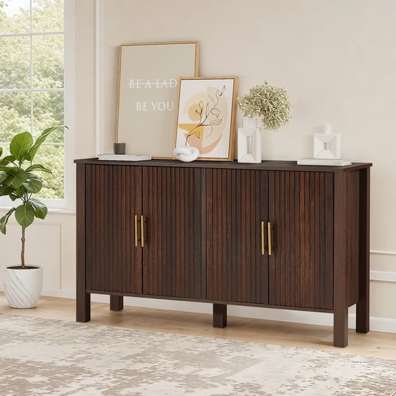 Homhum Fluted Buffet Sideboard Cabinet, Credenza with 4 Doors, Modern Buffet Cabinet, Brown