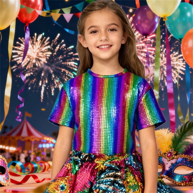 Haut de Performance à Paillettes pour Filles Manches Courtes Chemise de Danse Tee Scintillant pour Spectacle et Récital d'Enfants