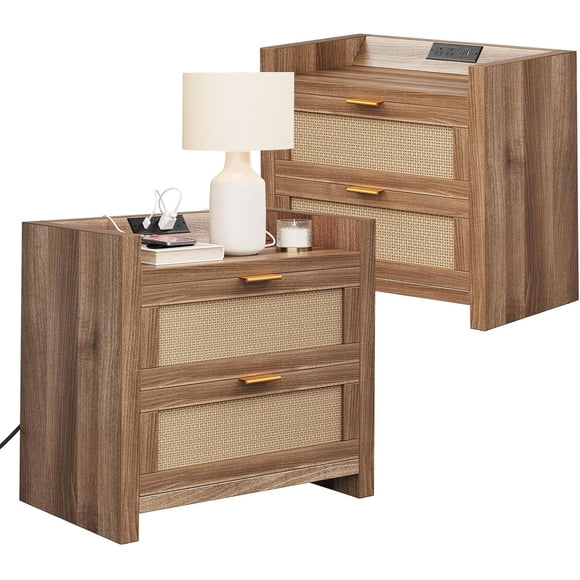 Kojooin Boho Rattan Nightstand Set of 2, Modern Bedside Tables with Type-C Charging Station & 2 Drawers, Mid-Century Night Stands for Bedroom, Living Room, Office