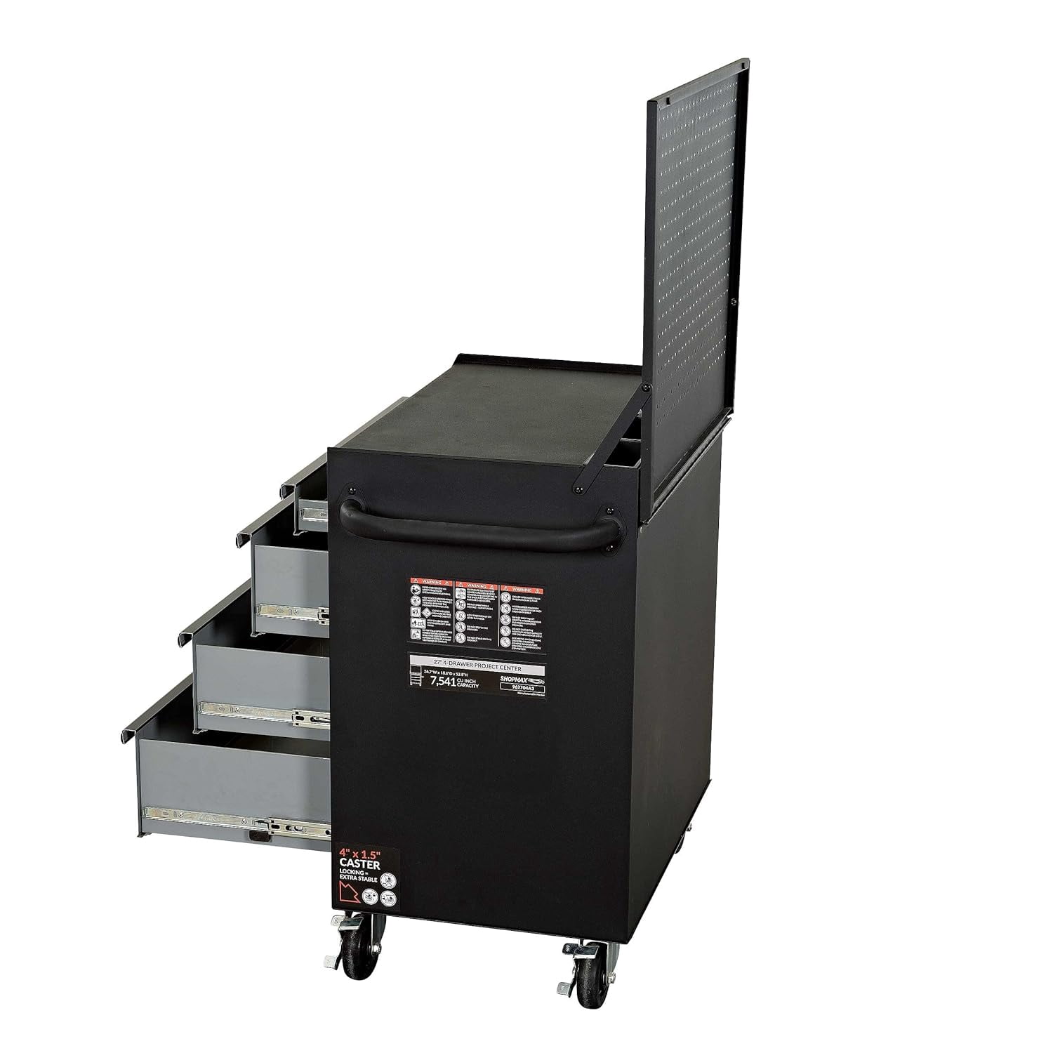 27 in. 4-Drawer Mobile Workstation with Flip-up Pegboard