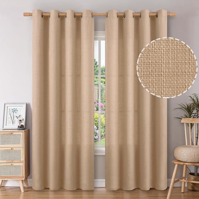 PinesC Tan Linen Curtains for Living Room 84 Inch Length 2 Panels Set, Burlap Textured Thick Light Filtering Window Drapes for Farmhouse Home Decor, 52 Inch Wide Each Panel